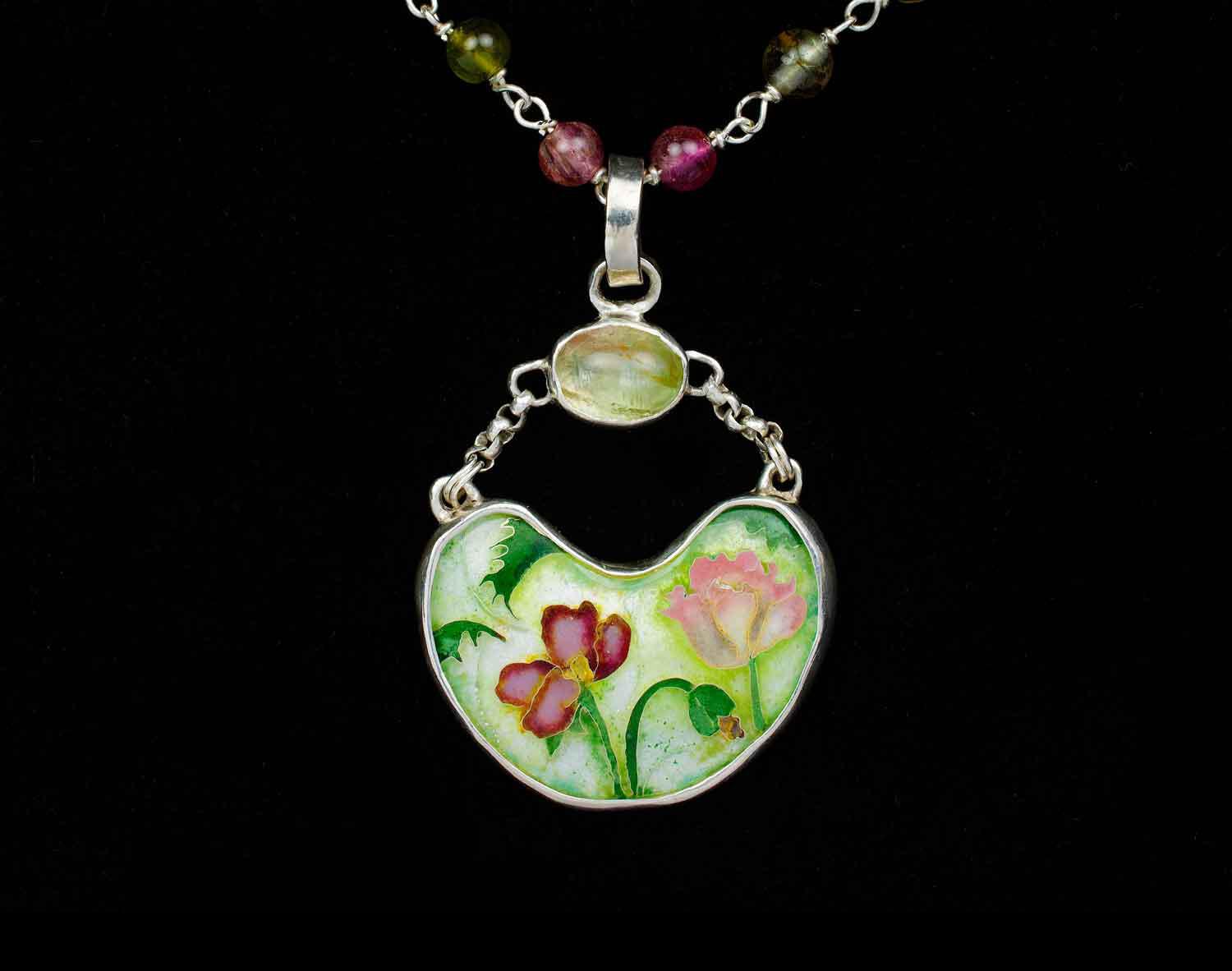 Floral Crescent. Cloisonné enamel necklace.