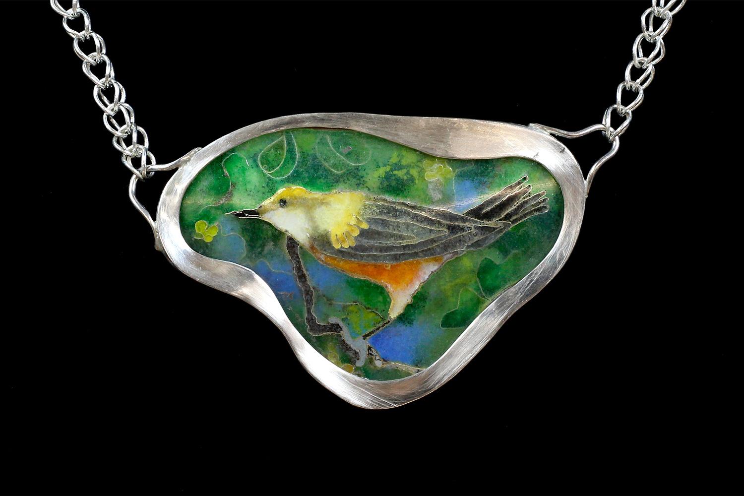 Bird in Tree. Cloisonné enamel two-sided pendant necklace.