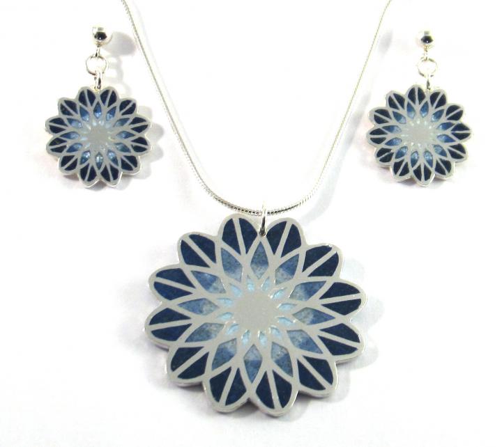 Blue Dahlia Pendant and Earrings