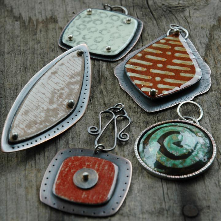 my brown wren enamel pendants and brooch