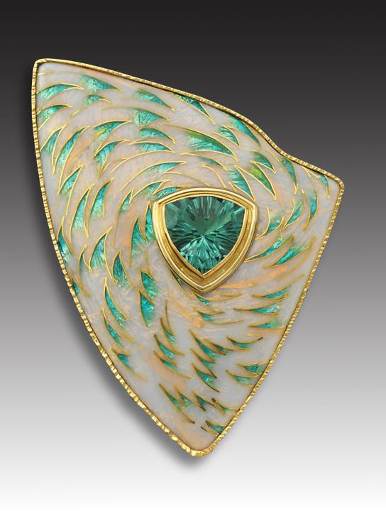 Triangular brooch with turquoise stone on graded BG