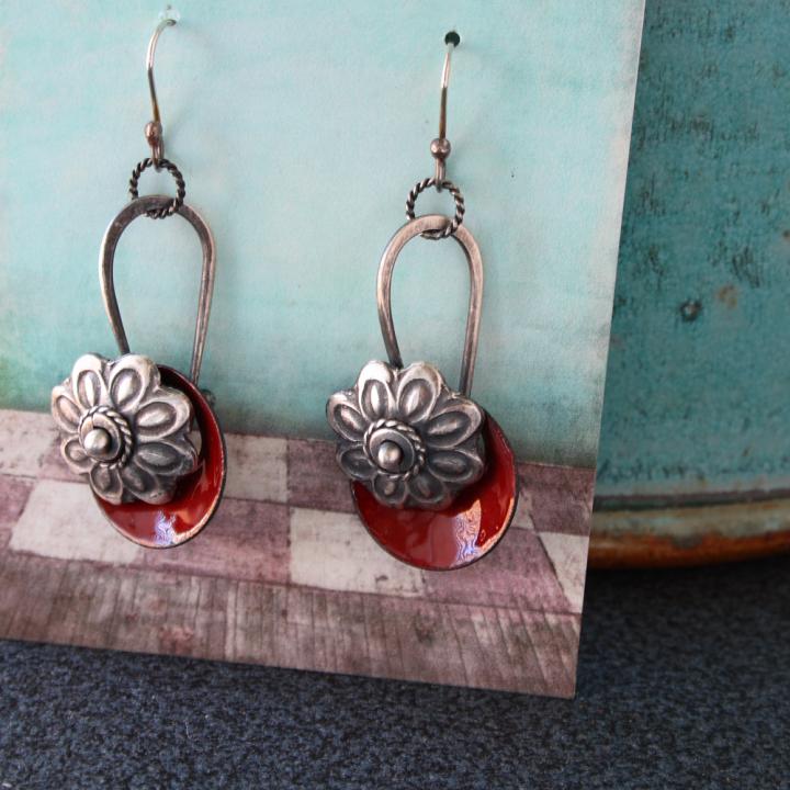 Red cowgirl enamel earrings