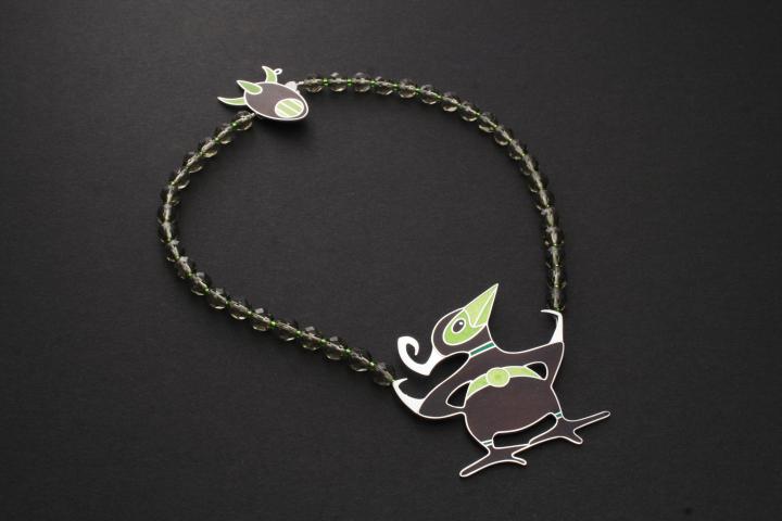 Collier Silver Enamel Glassbeads Dina Hald bird height 8 cm