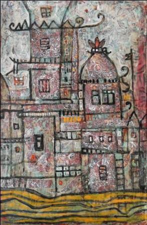 buildings 62 x 41 cm Glass. Enamel on Copper