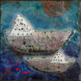 Boats 10 x 10 cm Glass.Enamel on Copper