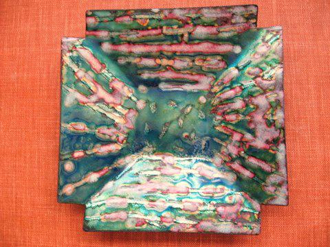 Transparent enamels on copper; wet painted.