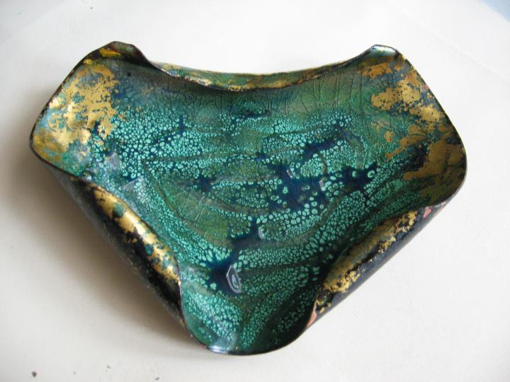 Enamels and gold foil on hand formed copper bowl.