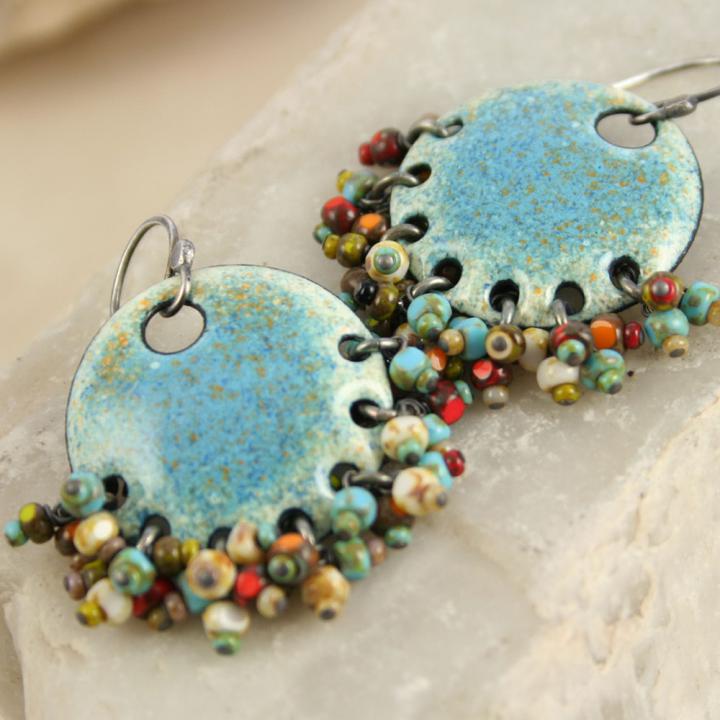 Beaded Faded Denim Earrrings