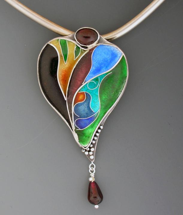 brooch pendant puffed heart cloisonne on wire doland