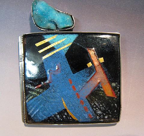 Enamel brooch with drusy quartz