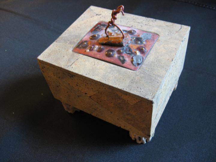 Cork covered box with enamel lid