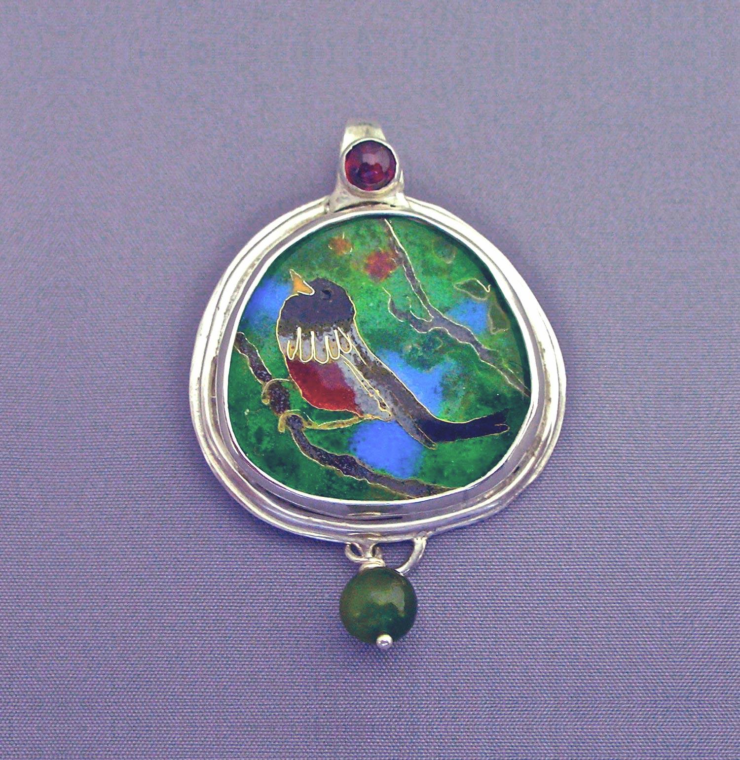 Small Bird in Tree. Cloisonné enamel pendant. 