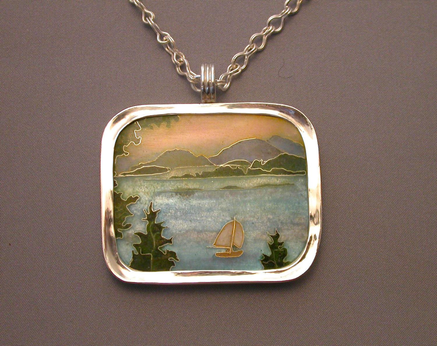 Maine Landscape. Cloisonné enamel necklace. 