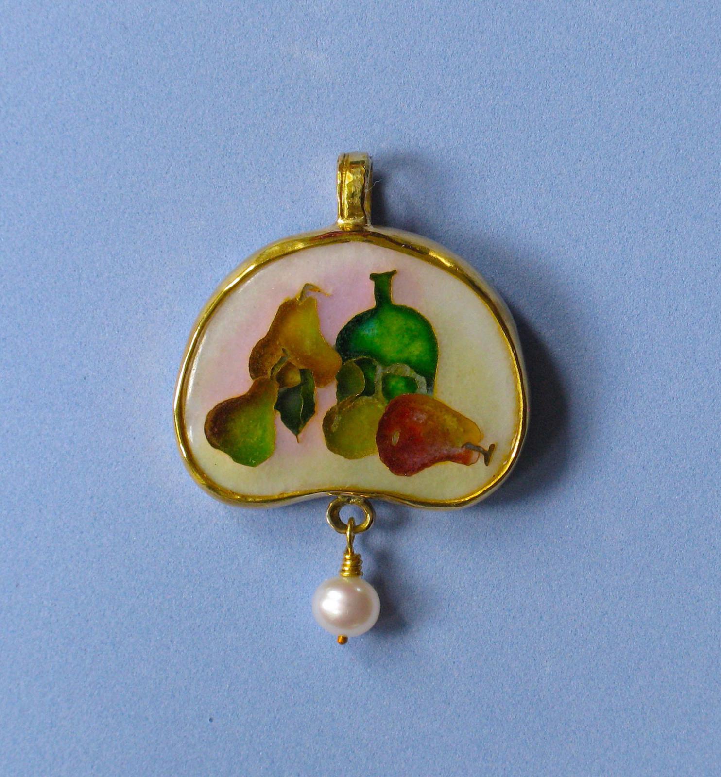 Pears &amp; Green Bottle. Cloisonné enamel pendant. 