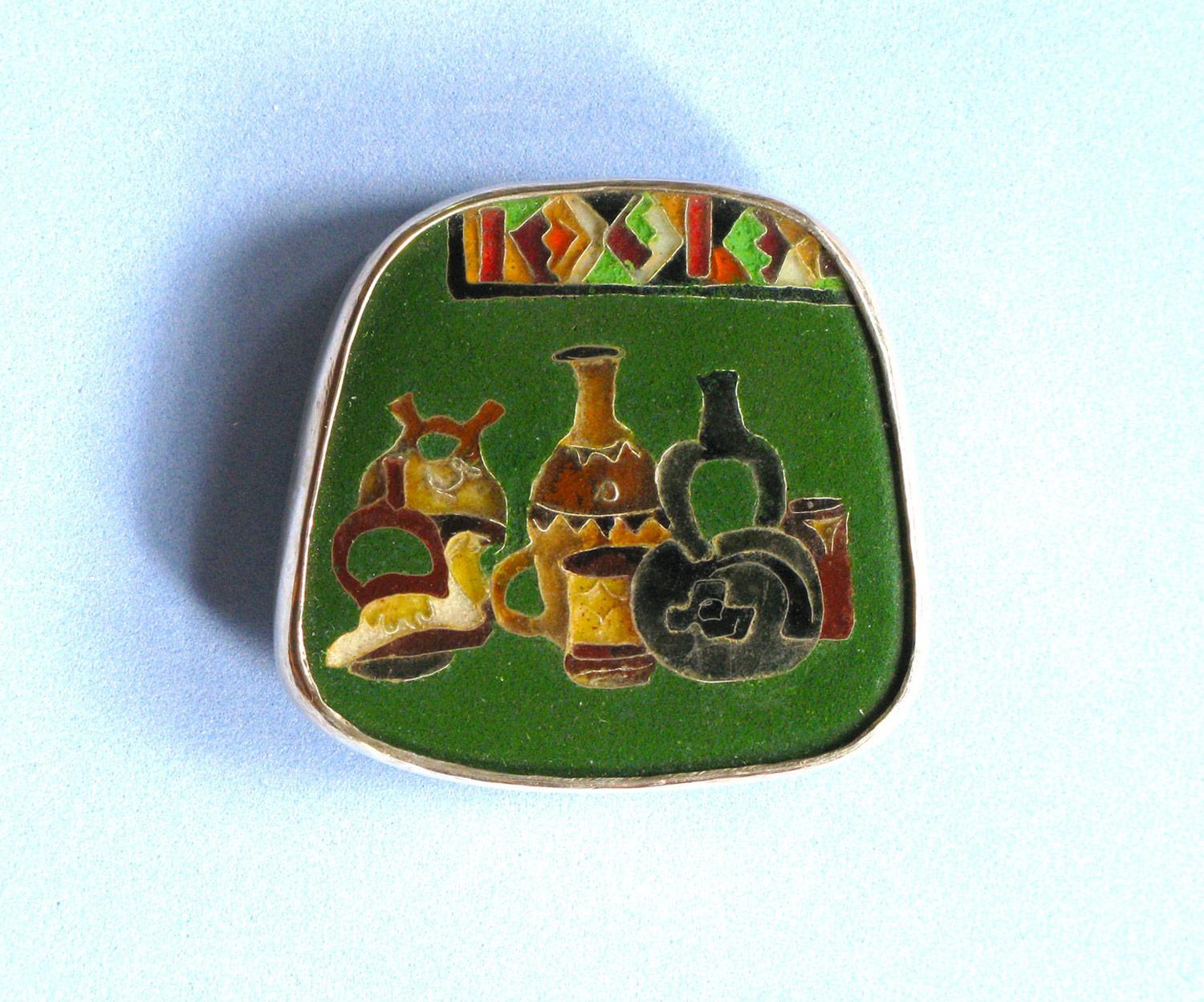 Peruvian Pots. Cloisonné enamel brooch. 