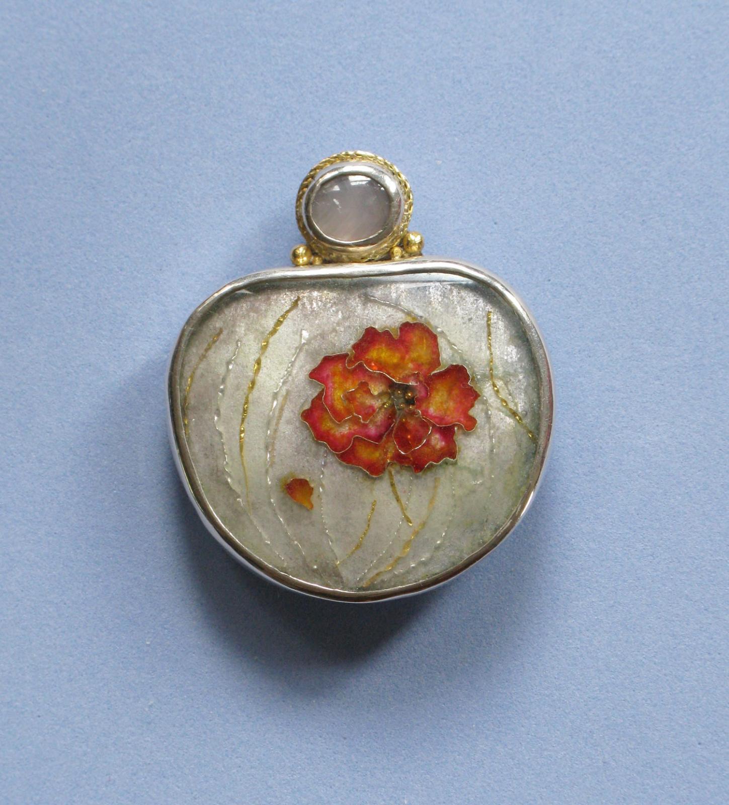 Red Flower. Cloisonné enamel brooch. 