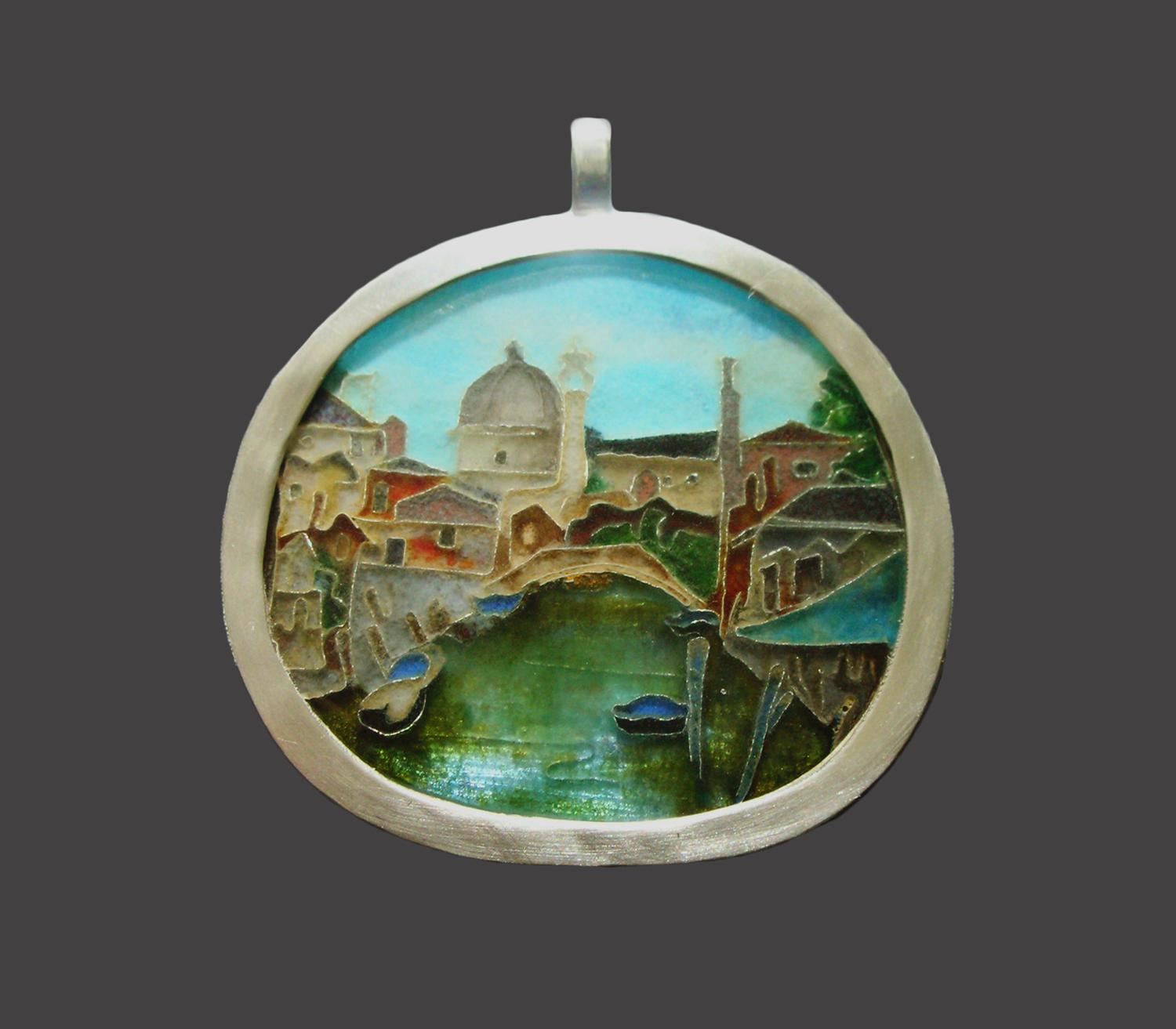 Venetian Scene. Cloisonné enamel pendant. 