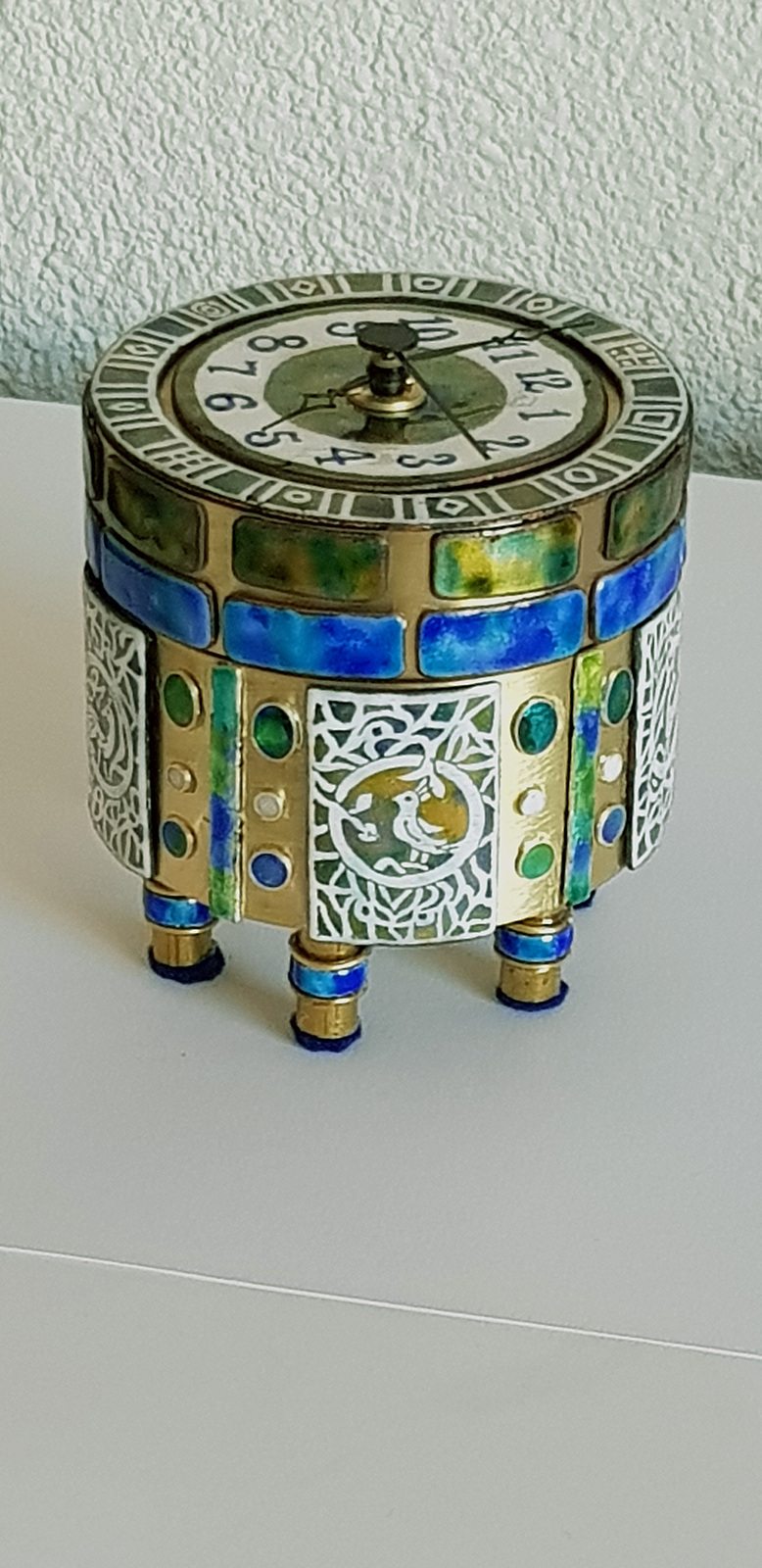 Circular Table Clock 2021 , brass with enamel on copper, fine silver wire, fine silver foil, 9.5 x 11 cm