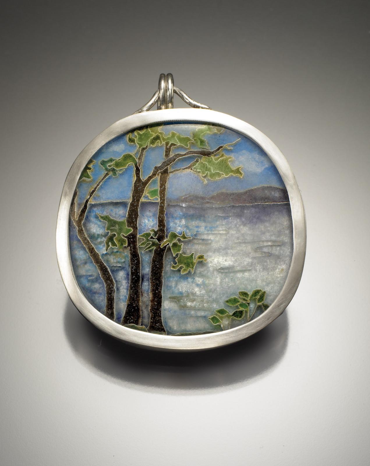 New Hampshire Lake Scene. Cloisonné enamel pendant.